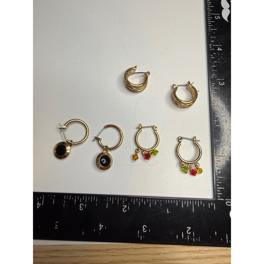 Gold Tone Hoop Earring Bundle 3 Pairs Beaded Enamel Triple Row Fashion Set
